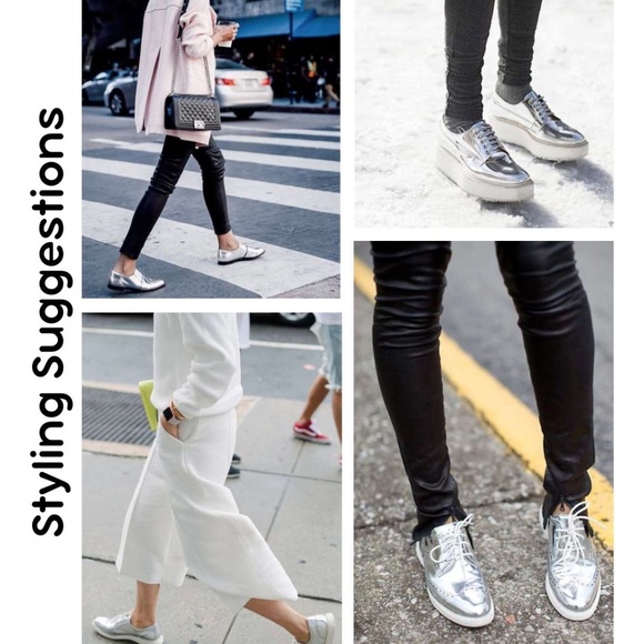 Zara Size 9 Metallic Silver Platform Oxford Brogues - Stunning Mirror Finish - Picture 9 of 11